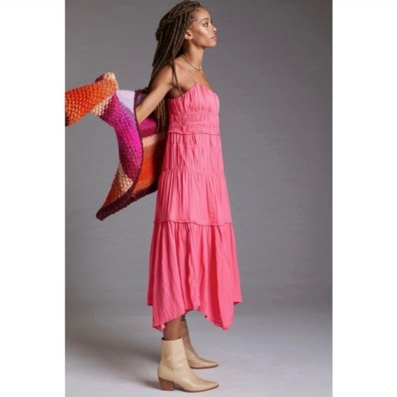 Anthropologie Ruched Tiered Midi Slip Dress Sz 16W Pink Sleeveless Asymmetrical - Picture 4 of 14